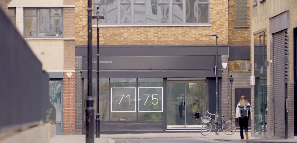 Professional office building entrance of Mateerz United Kingdom headquarters, 71-75 Shelton Street Covent Garden London, providing fractional CMO and interim marketing leadership services across the UK