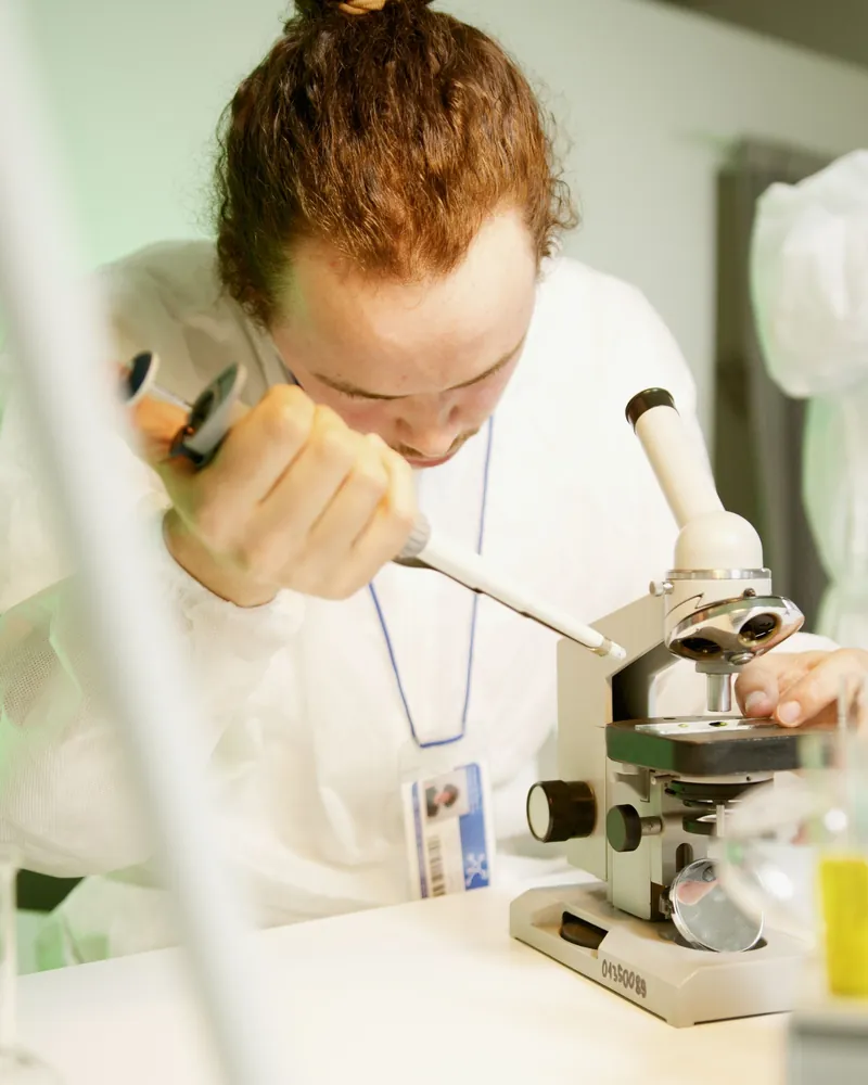 A researcher looking into a microscope
