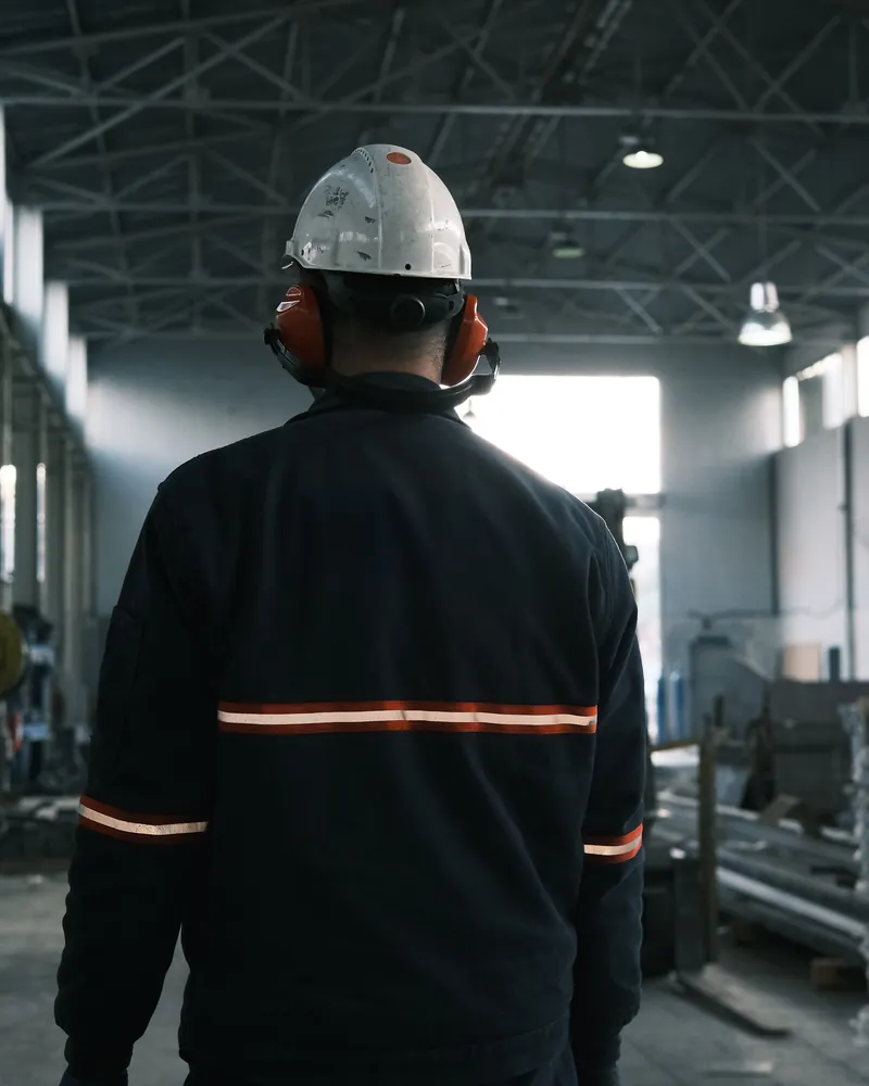 A worker in a hard hat and ear protection seen from behind in a workshop